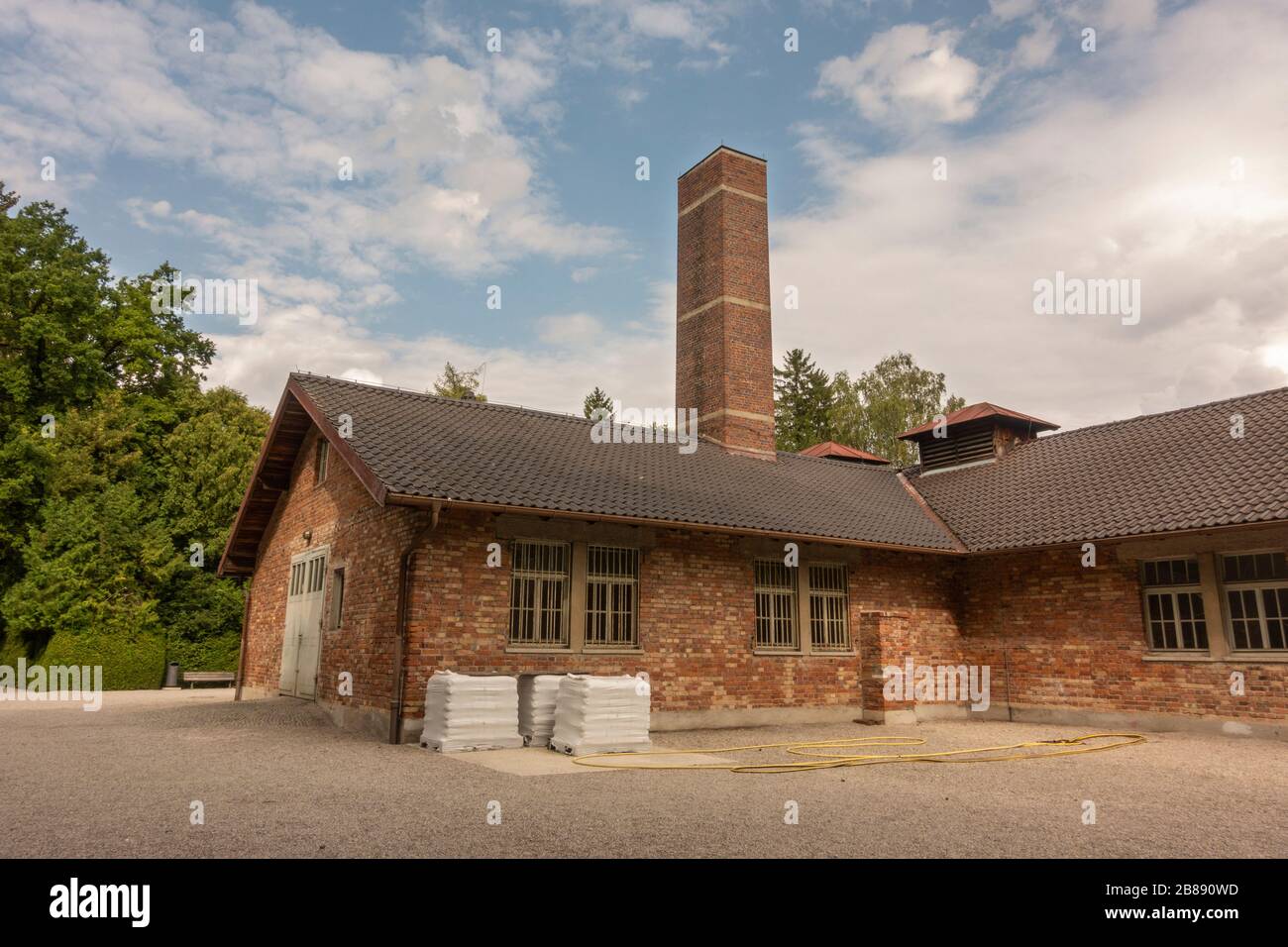 Crematorium chimney at the former Nazi German Dachau concentration camp, Munich, Germany. Stock Photo