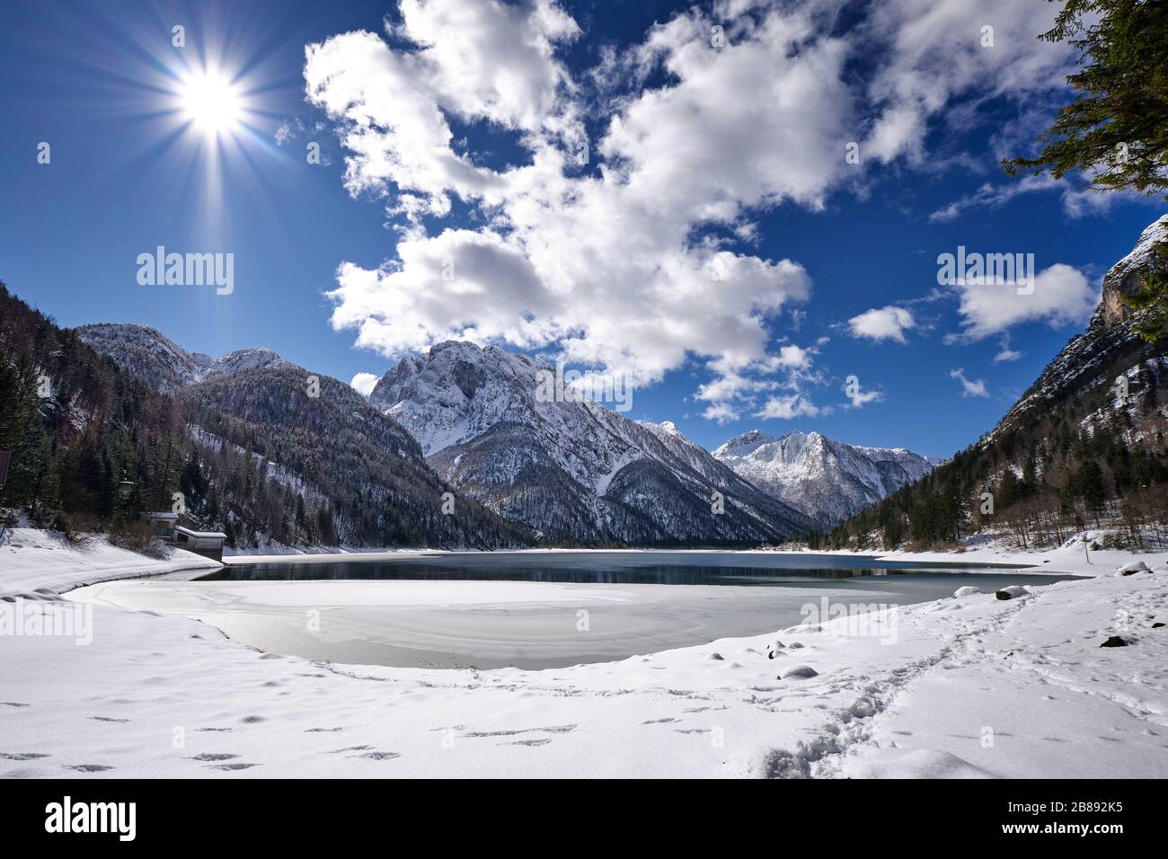 Panoramic view of Lake Predil  and the Alps around Tarvisio, Italy Stock Photo