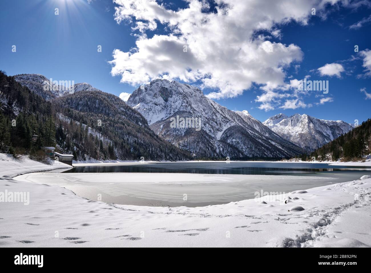 Panoramic view of Lake Predil  and the Alps around Tarvisio, Italy Stock Photo