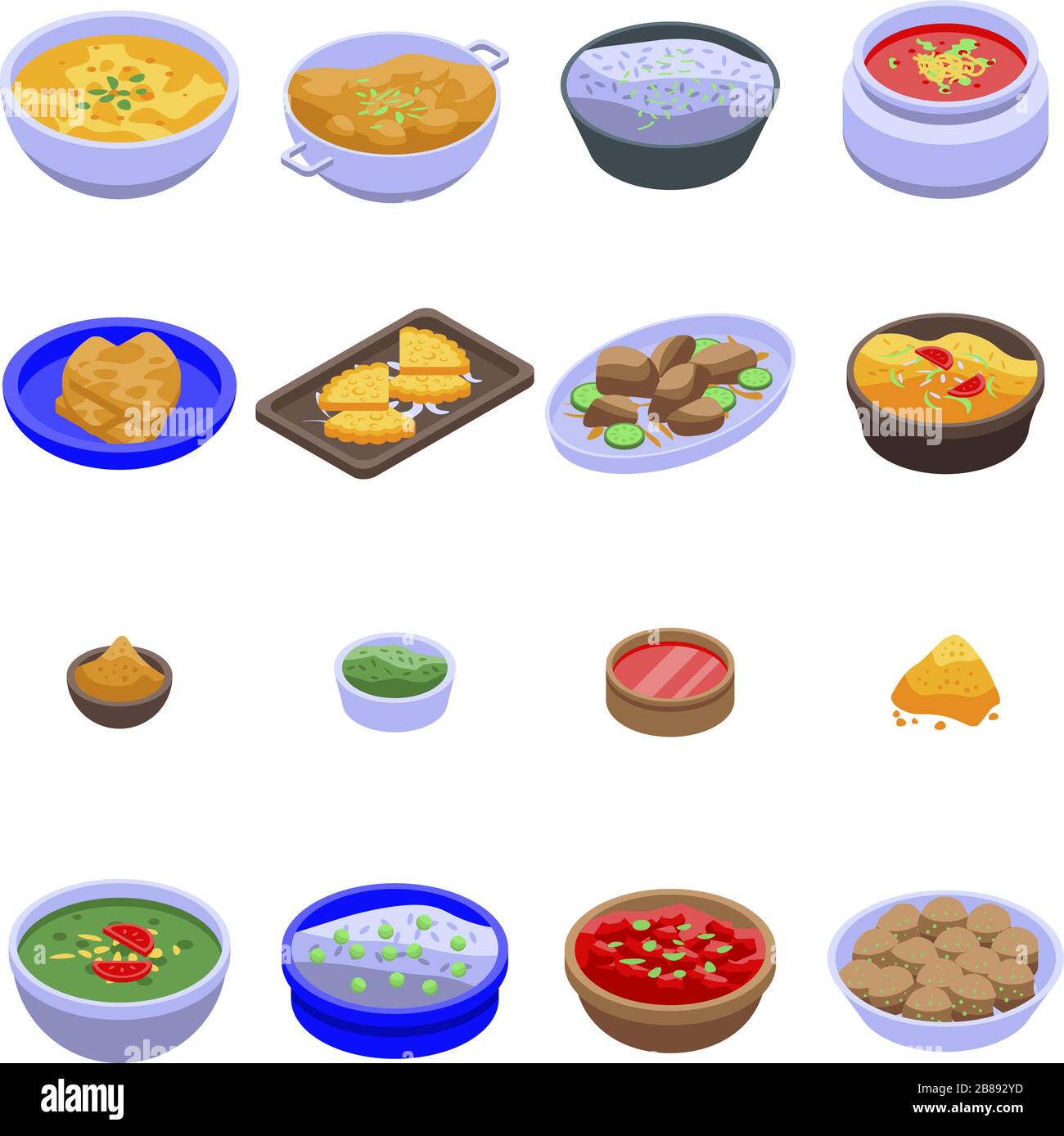 Indian cuisine icons set, isometric style Stock Vector