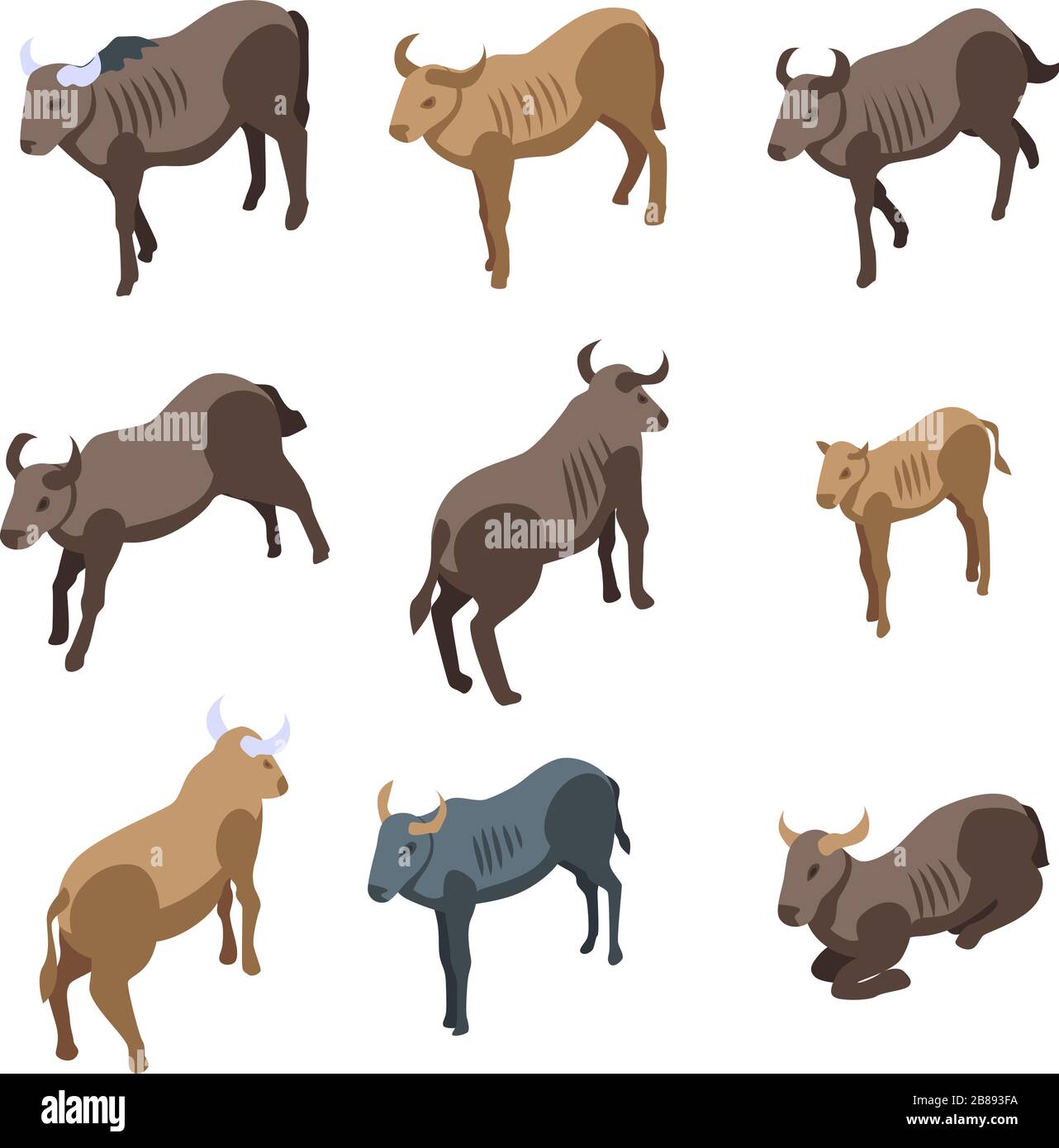 Wildebeest icons set, isometric style Stock Vector
