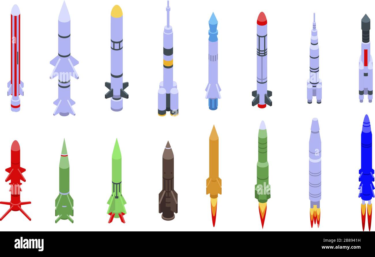 Missile attack icons set, isometric style Stock Vector