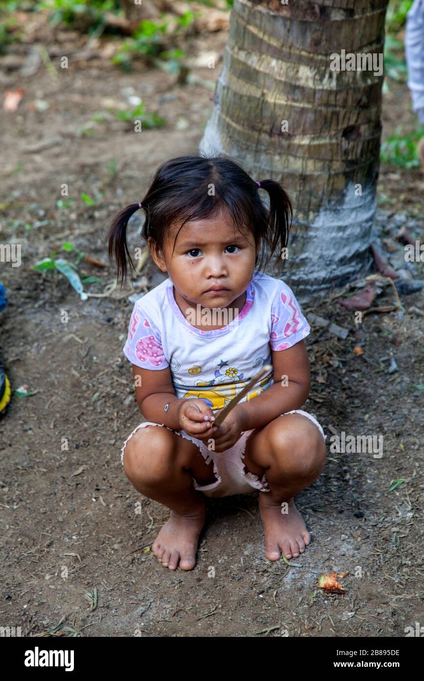Little girl in the Indian reservation communities in Mocagua, Amazon, Colombia, South America. Stock Photo