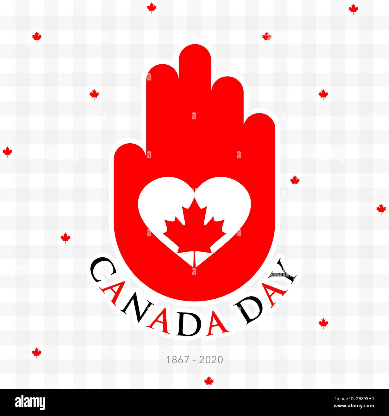 Postcard Canada Day. white heart and red maple leaf on a red hand, symbol of Canada Stock Vector