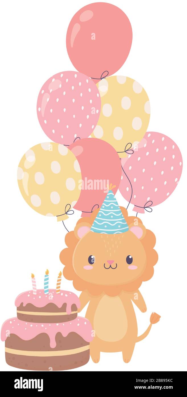 happy birthday lion cake balloons celebration decoration card vector ...
