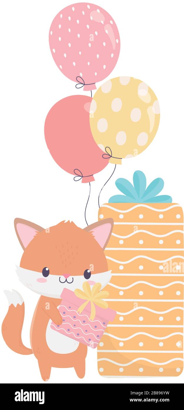happy birthday fox and gift balloons celebration decoration vector ...