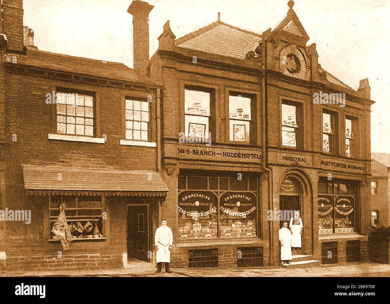 Huddersfield Industrial Society - An early photograph of Paddock Grocery  and butchers shops Stock Photo