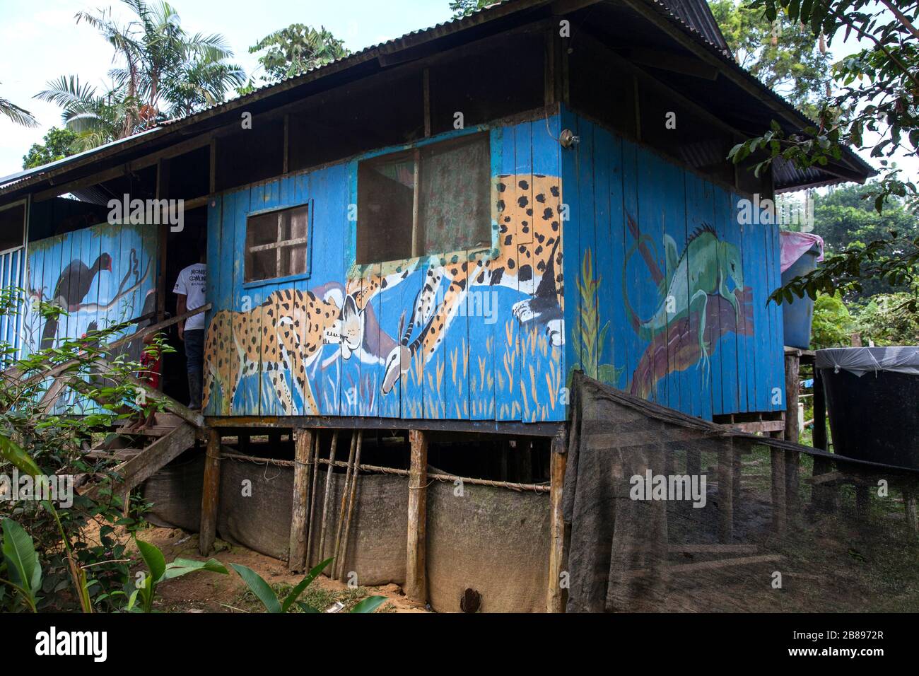 Exotic paintings on Indian houses of the Ticuna tribe community, Mocagua, Amazon Rain Forest,Colombia, South America. Stock Photo