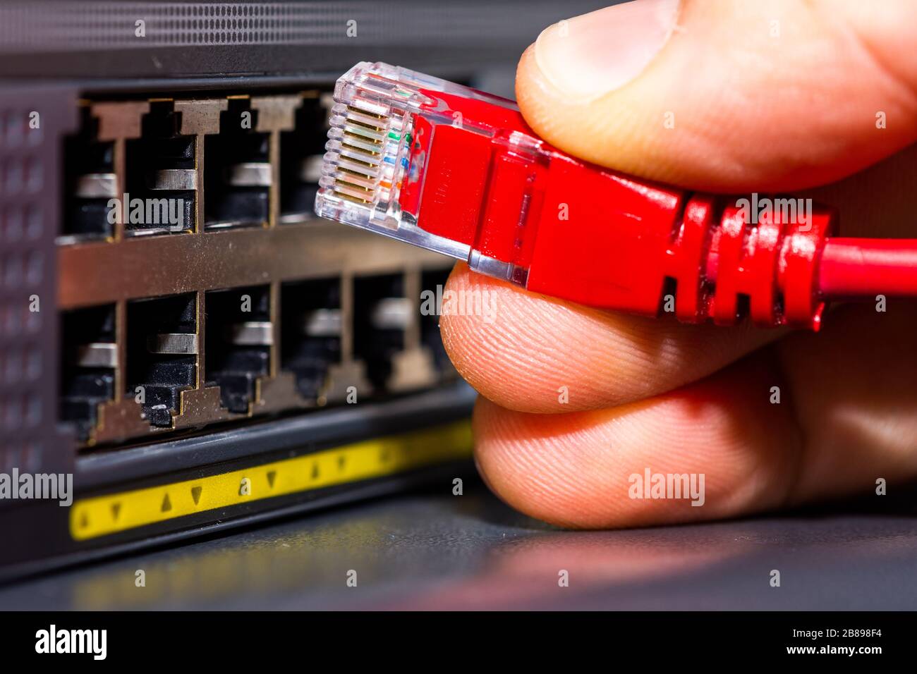 cables connected to the Network Switch in office Stock Photo