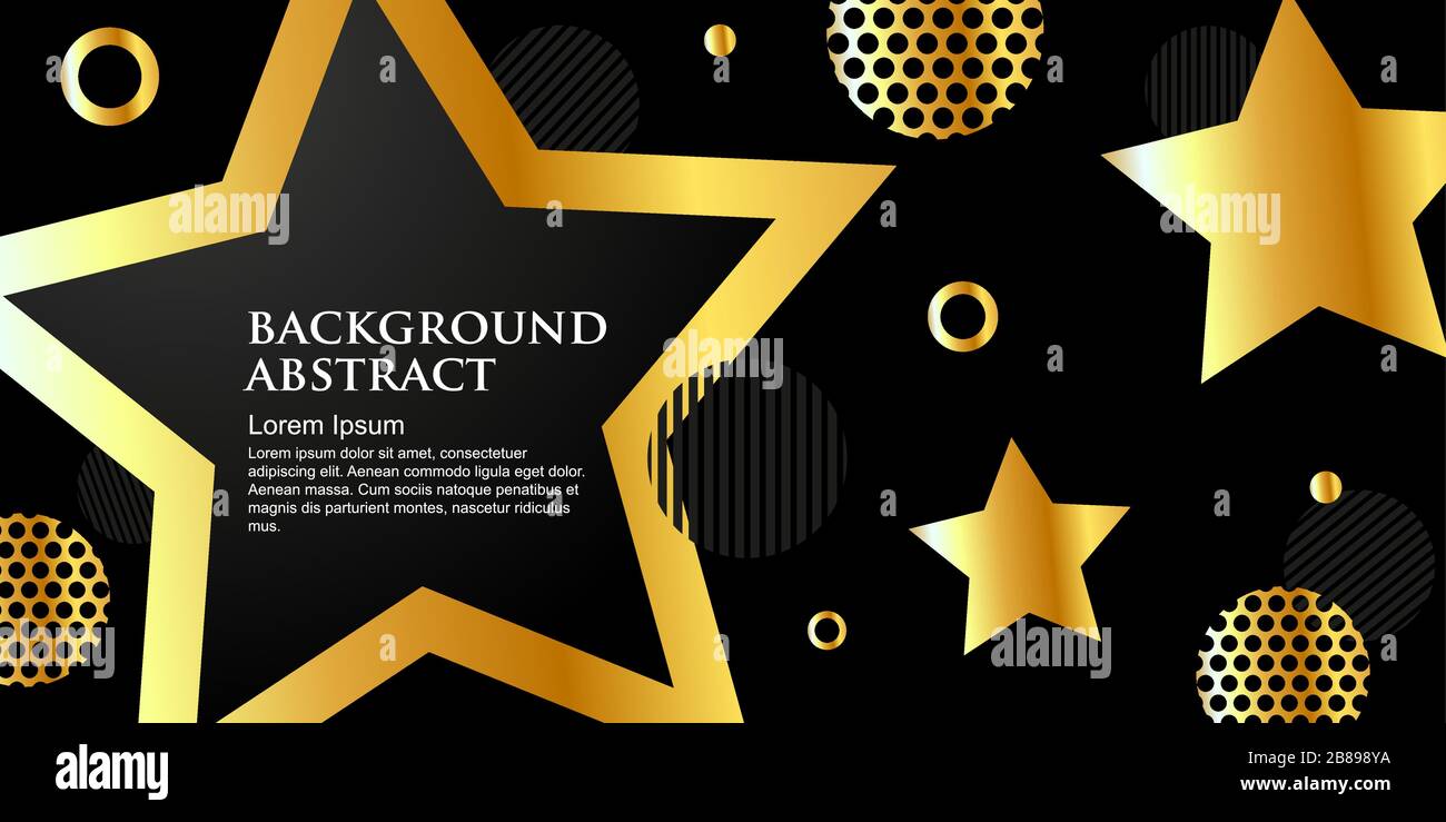 golden banner, shining star shapes on a black background. Template with place for text. Luxurious style Stock Vector
