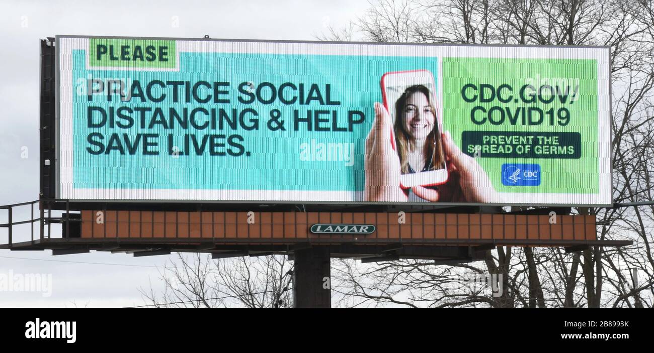 Town Of Yorkville, Wisconsin, USA. 20th Mar, 2020. A billboard from the CDC is along I-94 in the Town of Yorkville (Racine County) Wisconsin, on the eastbound (southbound) interstate highway between Milwaukee and Chicago Friday. Credit: Mark Hertzberg/ZUMA Wire/Alamy Live News Stock Photo