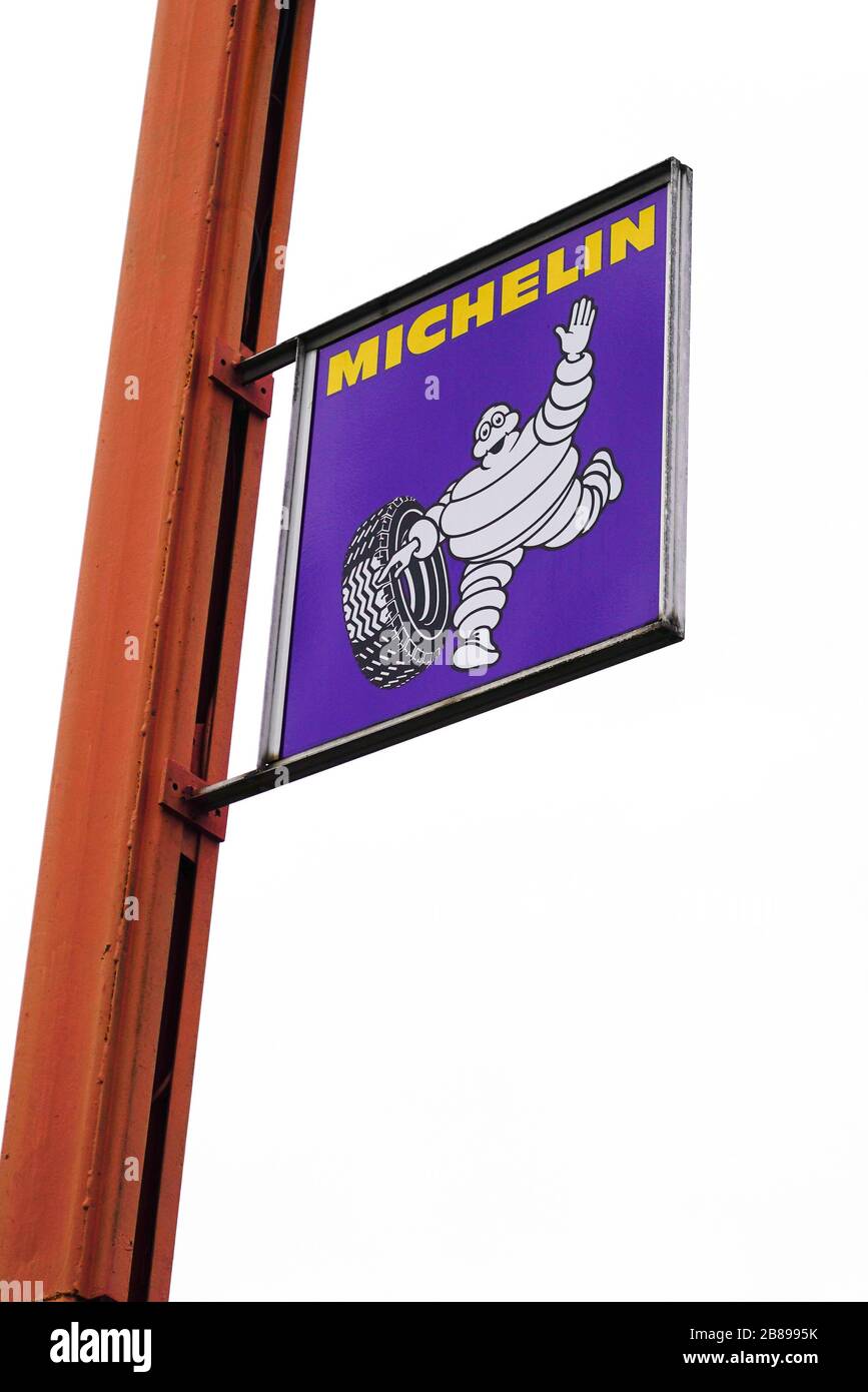 Bordeaux , Aquitaine / France - 10 02 2019 : michelin sign logo on a pole manufacturer and distributor of motorcycle and truck car tires worldwide Stock Photo