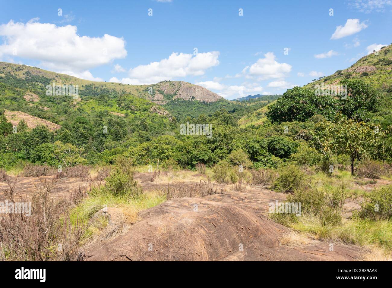 Mountain landscape at Mantenga Nature Reserve, Lobamba, Ezulwini Valley, Hhohho Region, Kingdom of Eswatini (Swaziland) Stock Photo