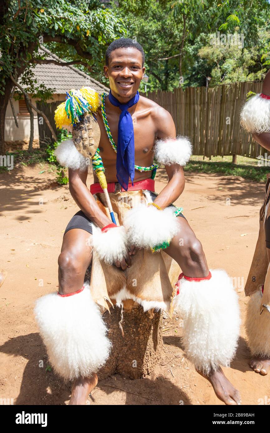 Male dancer at Swazi Cultural Centre, Mantenga Nature Reserve, Lobamba, Ezulwini Valley, Kingdom of Eswatini (Swaziland) Stock Photo