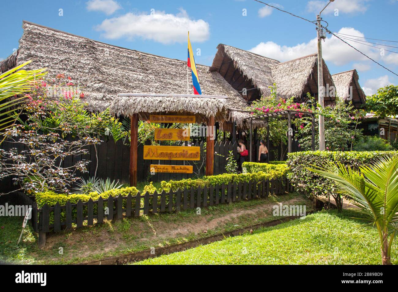 Las Margaritas Restaurante restaurant in Puerto Narino, Amazon,Colombia, South America. Stock Photo