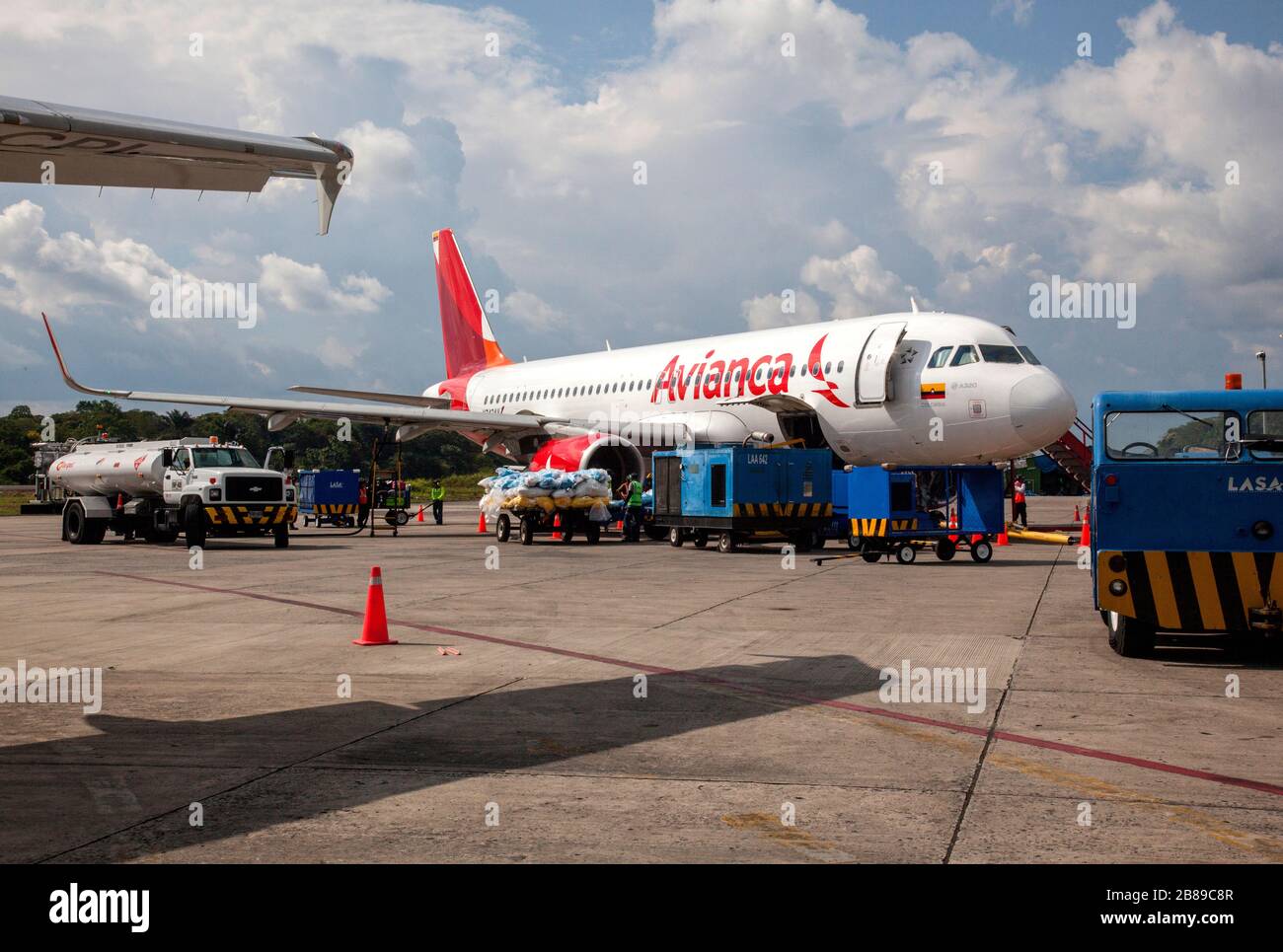 Avianca Airbus plane, Colombia national airline, at Leticia airport, Amazon, Colombia, South America. Stock Photo