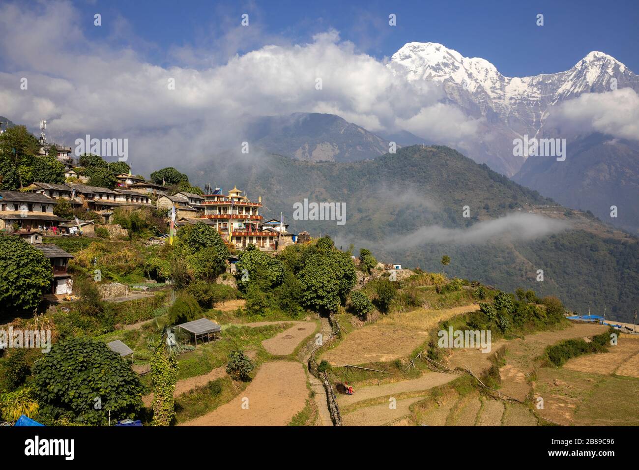 Ghandruk Village amidst the Annapurna Mountain Range, Nepal Stock Photo