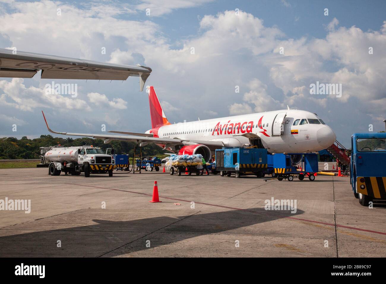 Avianca Airbus plane, Colombia national airline, at Leticia airport, Amazon, Colombia, South America. Stock Photo