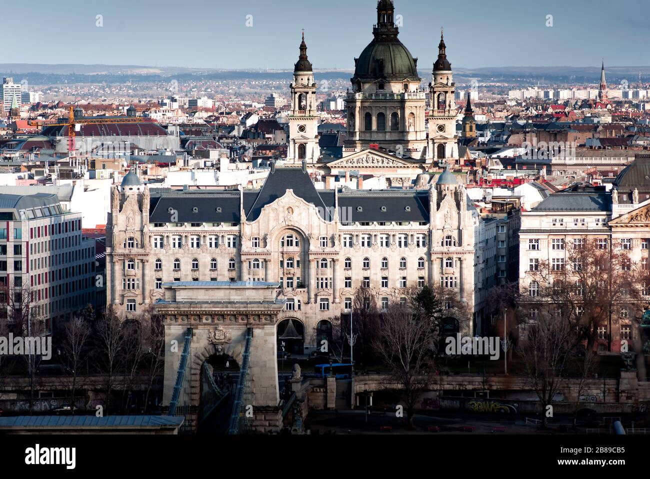 View of the Budapest skyline with St. Stephens Basilica (Szent Istvбn Bazilika) and Gresham Palace. Hungary Stock Photo