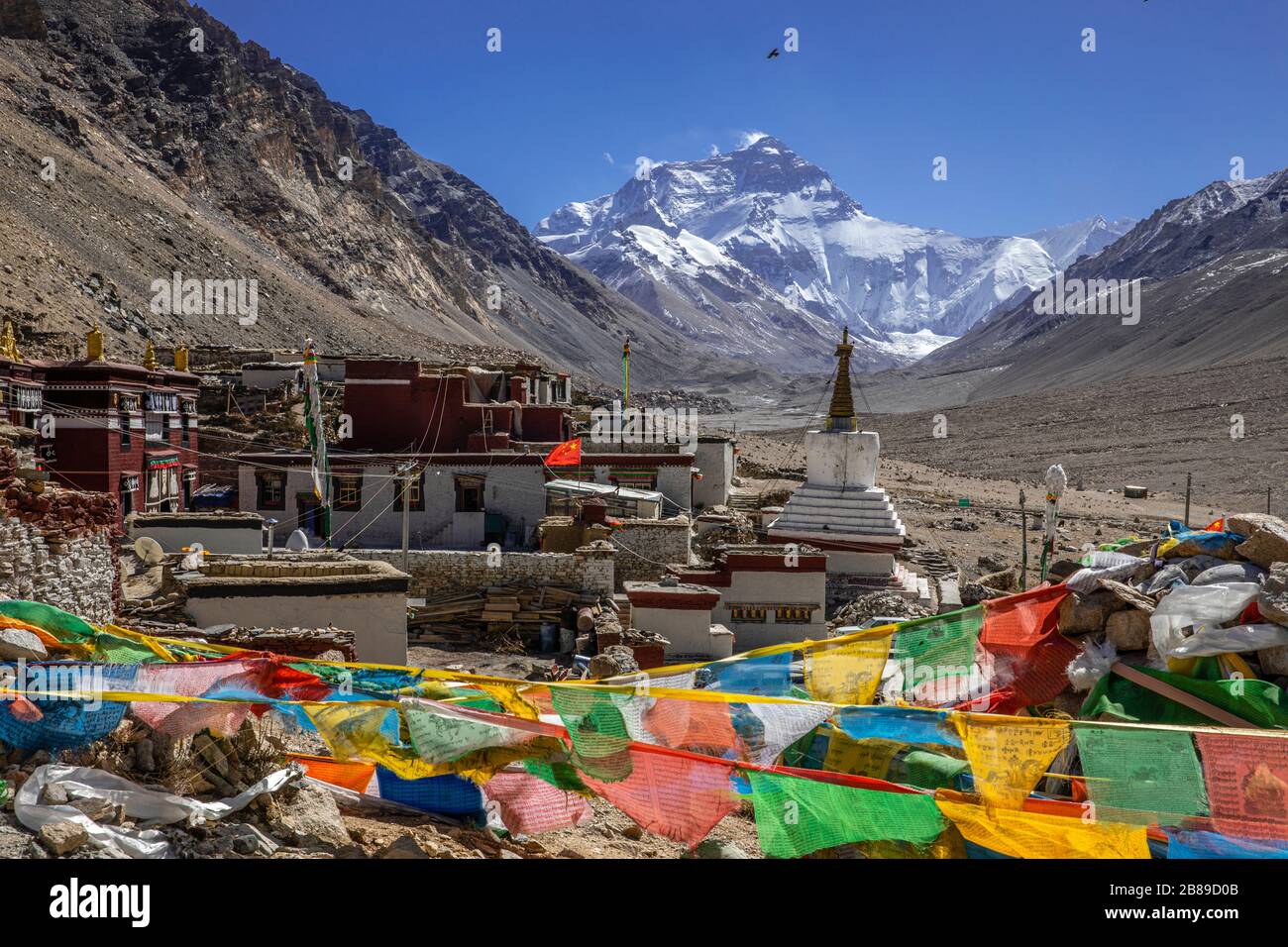 Mount Everest Base Camp with Rongbuk Monastery in Shigatse, Tibet Stock Photo