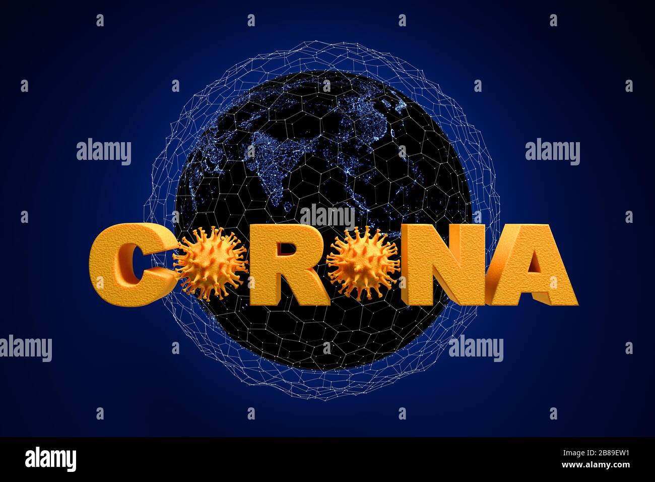 3D render: Concept for spread of the Corona Virus in a connected world. Viruses of the corona family embedded into the word Corona. Focus on Asia on t Stock Photo