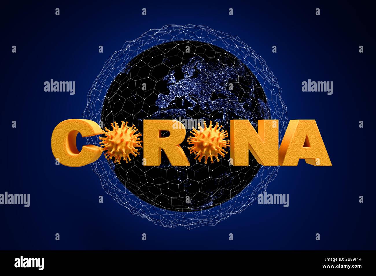 3D render: Concept for spread of the Corona Virus in a connected world. Viruses of the corona family embedded into the word Corona. Focus on Europe on Stock Photo
