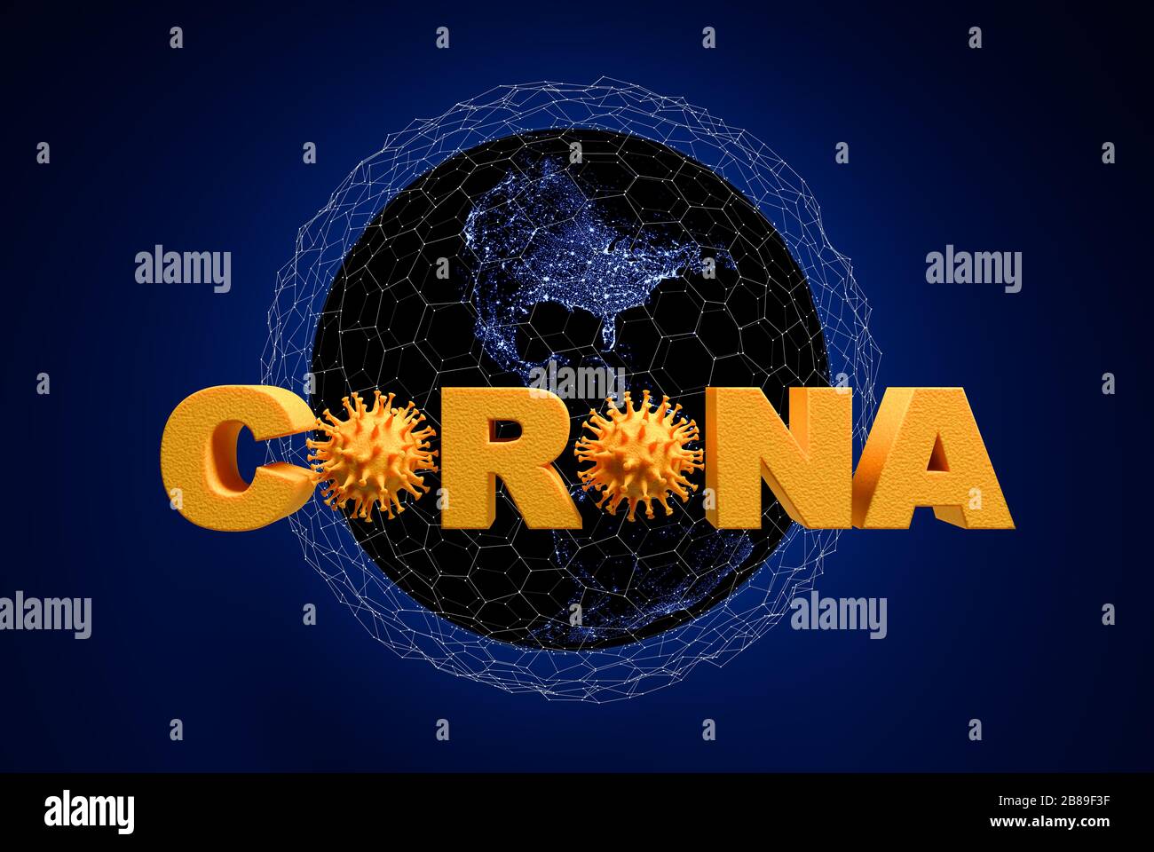 3D render: Concept for spread of the Corona Virus in a connected world. Viruses of the corona family embedded into the word Corona. Focus on North Ame Stock Photo