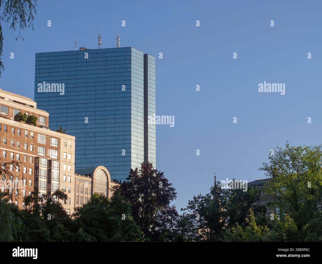 The Hancock Tower viewed from the Boston Public Garden Stock Photo