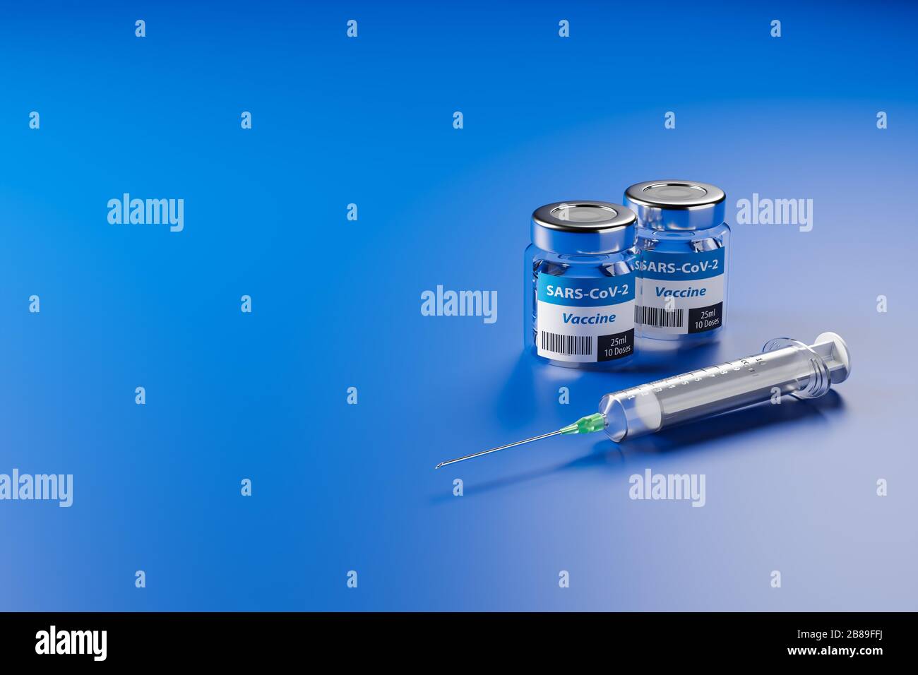 Vaccination against the new Corona Virus SARS-CoV-2: Two glas containers with 10 doses each and a syringe in front. Stock Photo