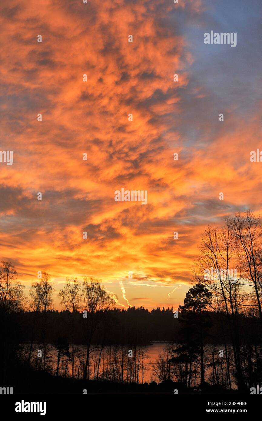 Sunset over Brohultasjon in Brohult, Jönköping County, Sweden. December 12th 2013 © Wojciech Strozyk / Alamy Stock Photo Stock Photo