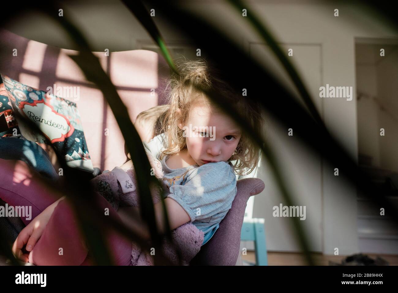 view of a child sitting on a chair at home reading with her brother Stock Photo