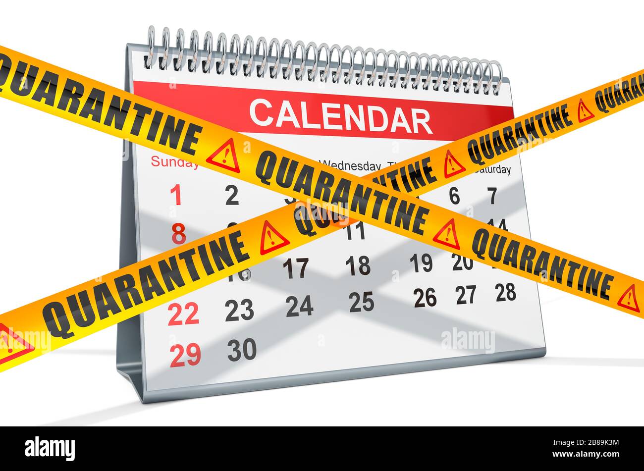 Desk calendar with caution barrier tapes, 3D rendering isolated on ...