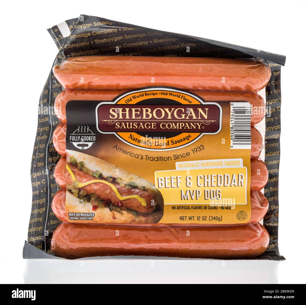 Winneconne,  WI - 12 March 2020:  A package of Sheboygan sausage company beef and cheddar mvp dog on an isolated background. Stock Photo