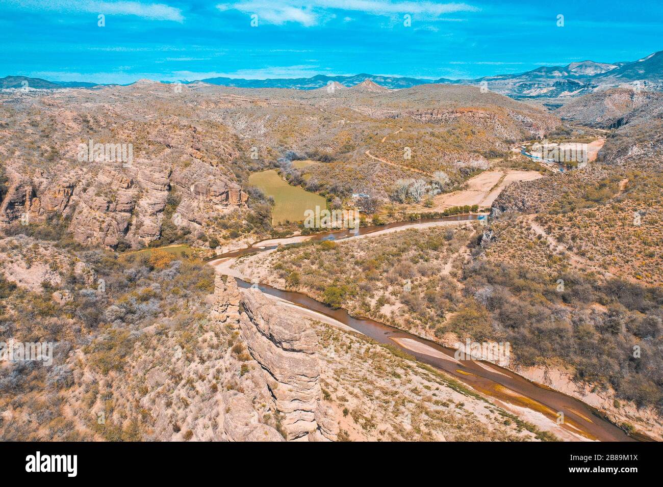 Aerial view of the Rio Sonora, landscape of mountains, canyons and