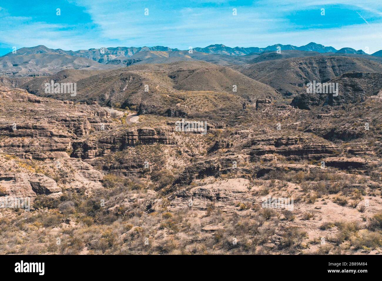 Aerial view of the Rio Sonora, landscape of mountains, canyons and