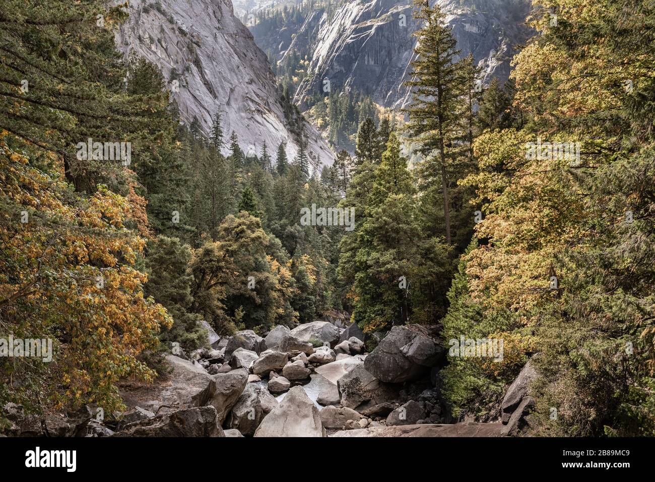 dry view of the rocky base from the Vernal Falls Bridge, Yosemite NP Stock Photo