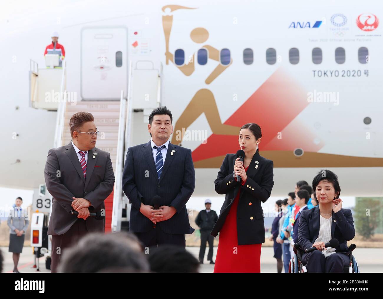 Higashi Matsushima, Japan. 20th Mar, 2020. (L-R) Japanese comedy duo members Mikio Date and Takeshi Tomizawa, actress Satomi Ishihara and Paralympian Aki Taguchi attend the arrival ceremony for the Olympic flame at the Matsushima air base in Higashi Matsushima in Miyagi prefecture, northern Japan on Friday, March 20, 2020. Tokyo 2020 Olympic Games will start from March 26 at Fukushima prefecture. Credit: Yoshio Tsunoda/AFLO/Alamy Live News Stock Photo