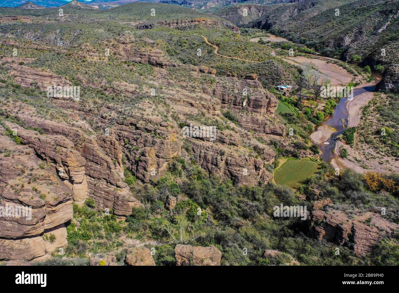 Aerial view of the Rio Sonora, landscape of mountains, canyons and