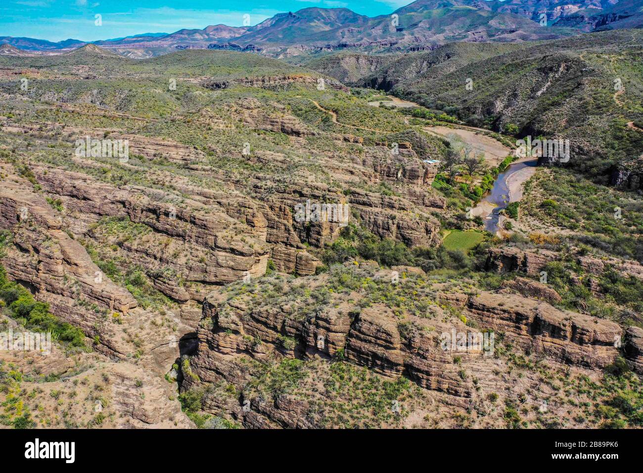 Aerial view of the Rio Sonora, landscape of mountains, canyons and