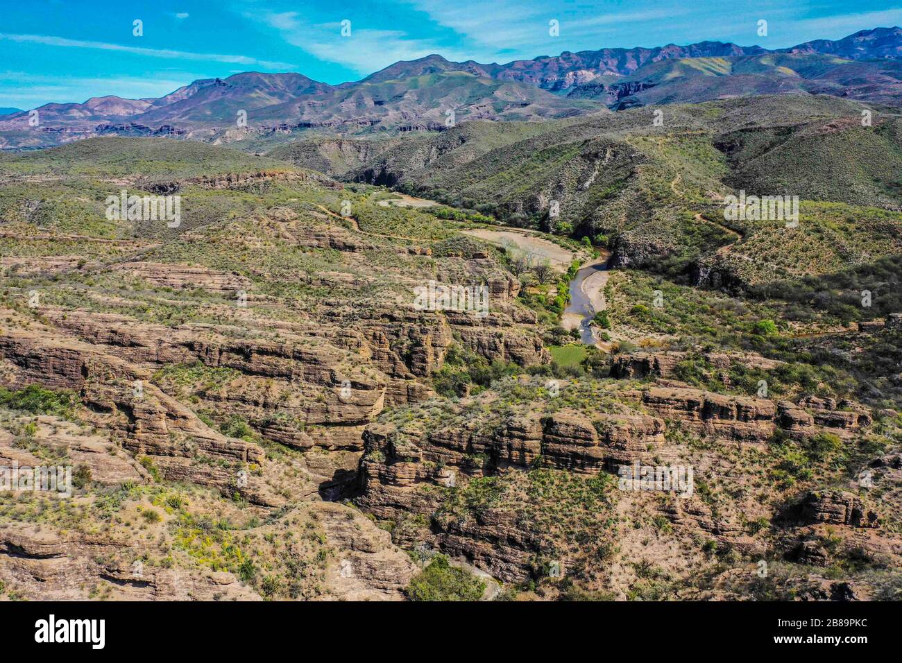 Aerial view of the Rio Sonora, landscape of mountains, canyons and