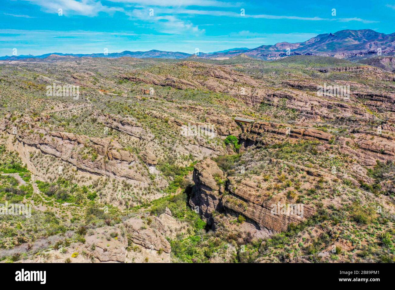 Aerial view of the Rio Sonora, landscape of mountains, canyons and