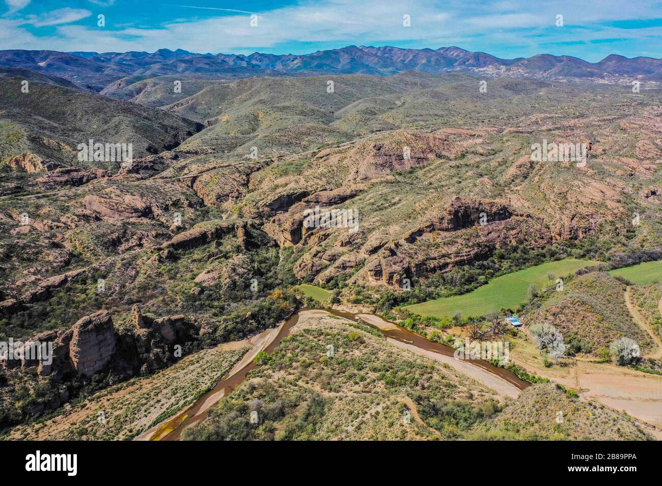 Aerial view of the Rio Sonora, landscape of mountains, canyons and