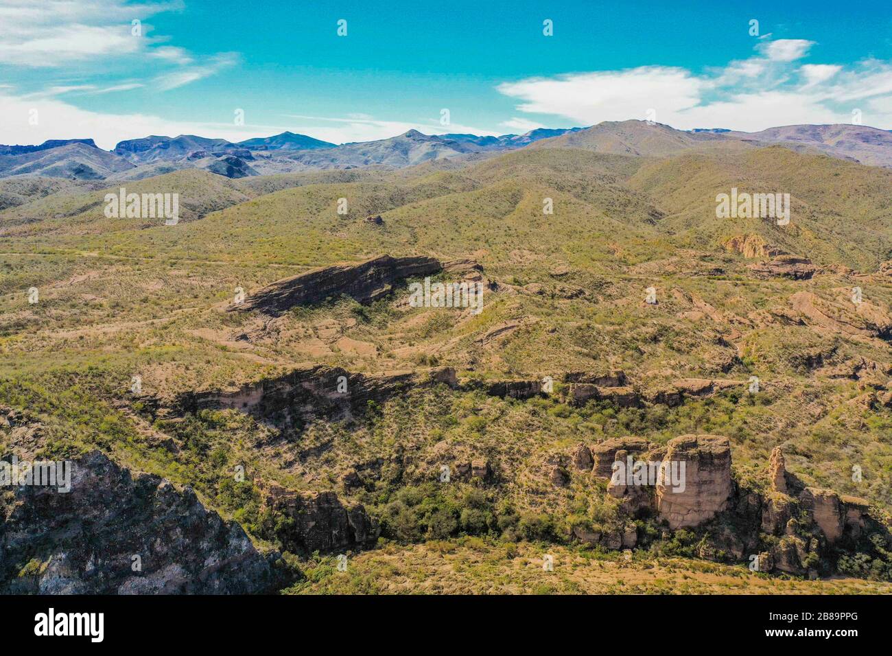 Aerial view of the Rio Sonora, landscape of mountains, canyons and
