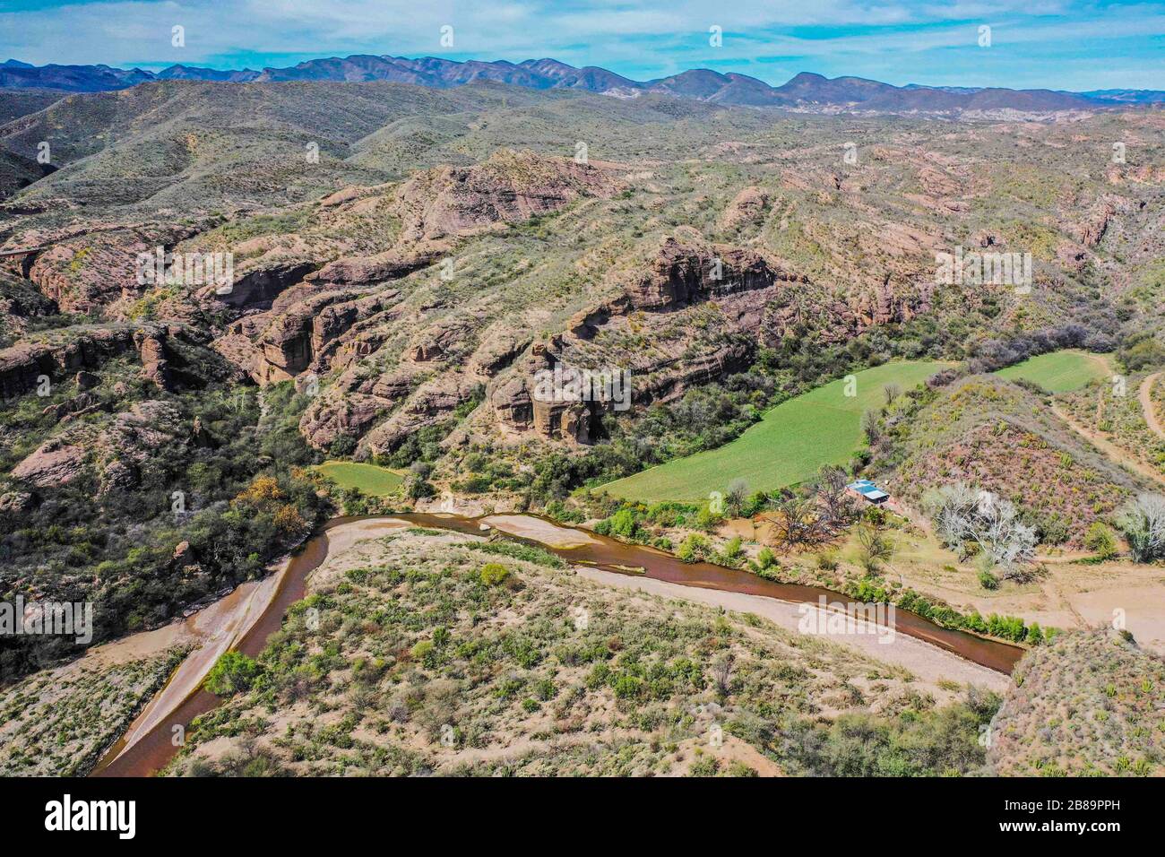 Aerial view of the Rio Sonora, landscape of mountains, canyons and