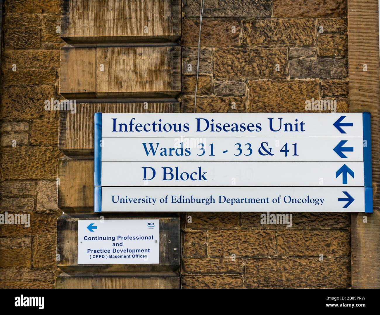 Infectious Diseases Unit sign, Western General Hospital, Edinburgh, Scotland, UK Stock Photo
