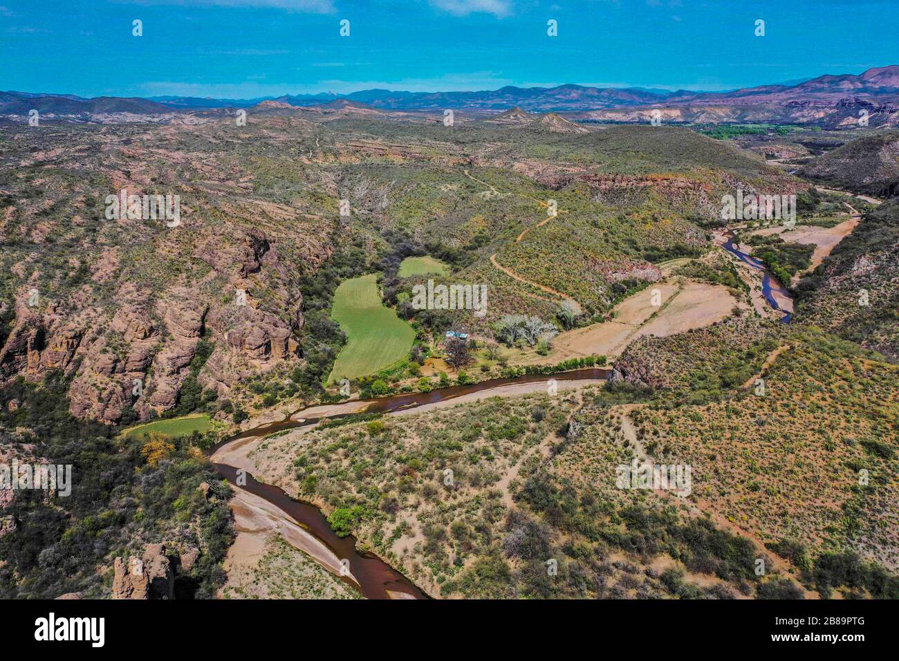 Aerial view of the Rio Sonora, landscape of mountains, canyons and