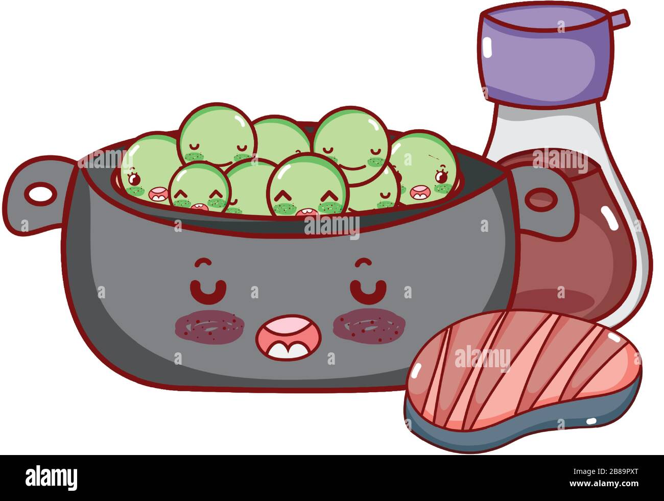 kawaii cooking pot peas meat and sake food japanese cartoon vector ...