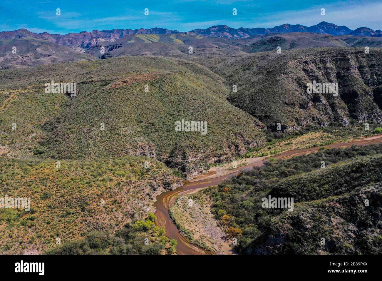 Aerial view of the Rio Sonora, landscape of mountains, canyons and