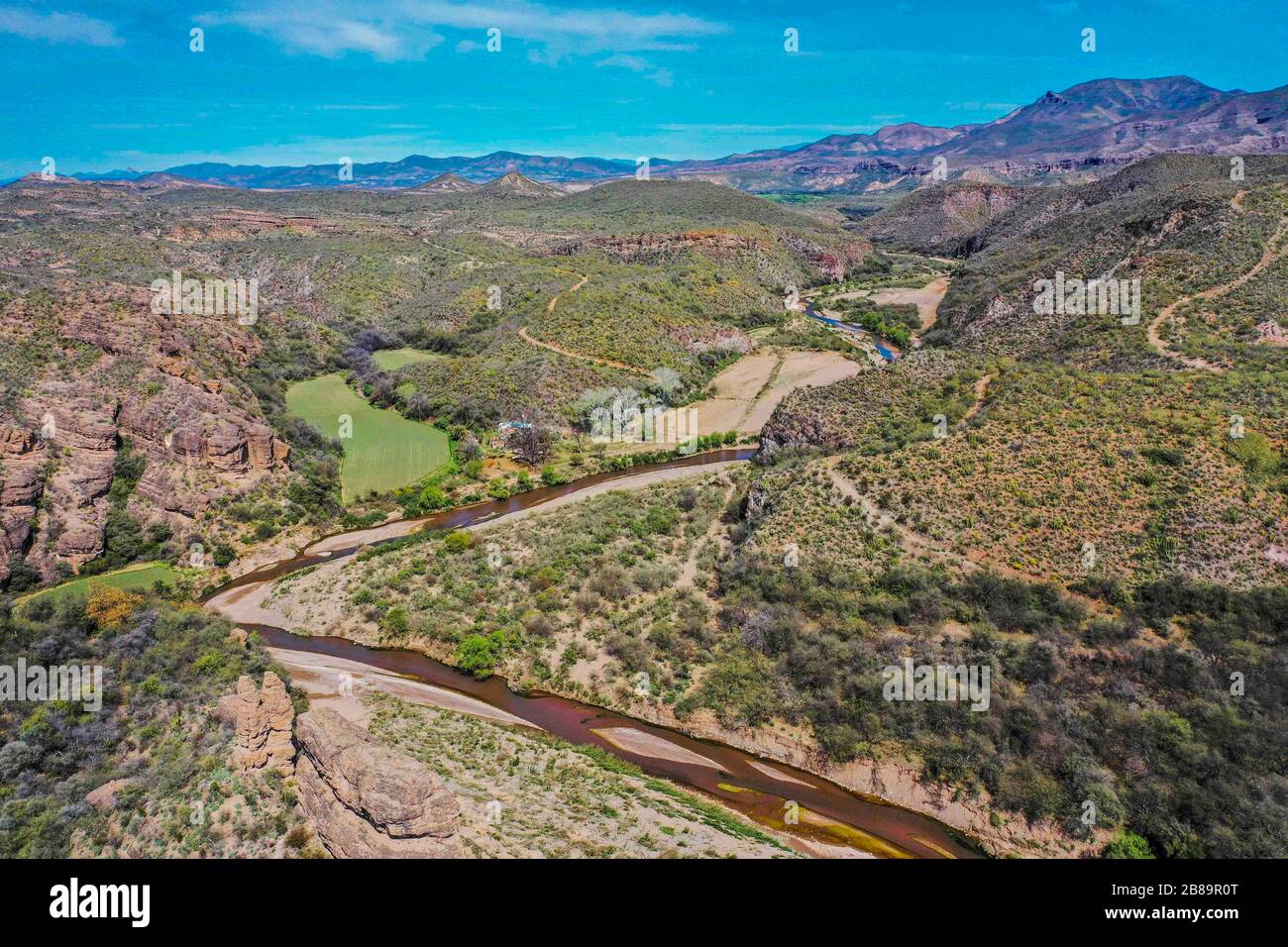 Aerial view of the Rio Sonora, landscape of mountains, canyons and