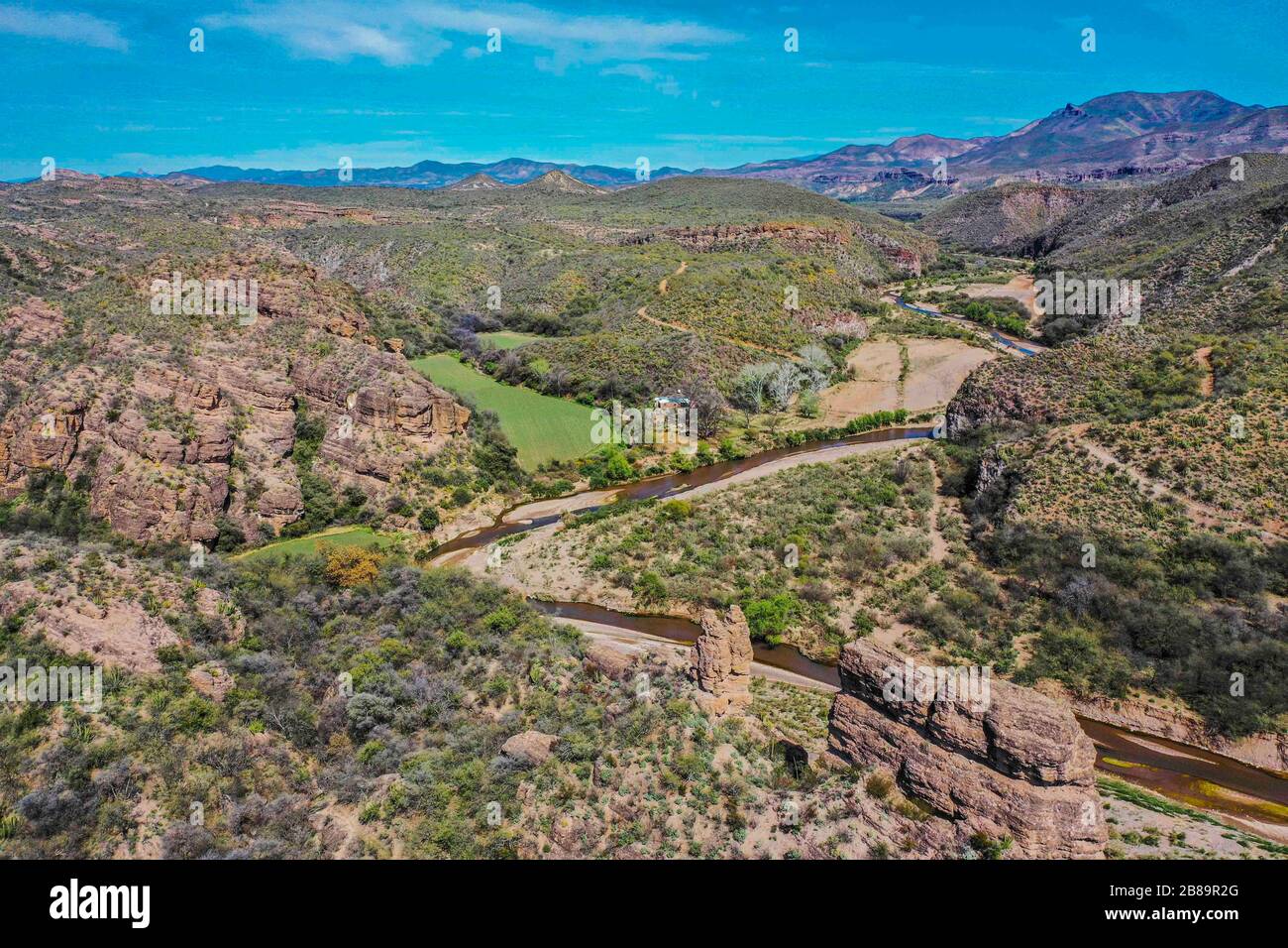 Aerial view of the Rio Sonora, landscape of mountains, canyons and